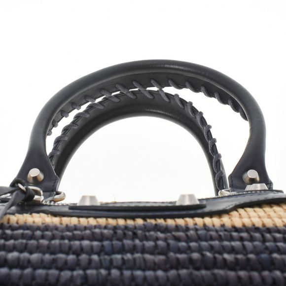 BALENCIAGA Basket Bag Natural Navy Blue Raffia Leather Handbag - Picture 4 of 11